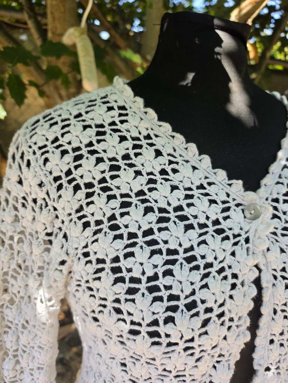 Y2K White Crochet Cardigan Sweater McBling Minimalist Cottagecore Shabby Chic - Picture 6 of 9